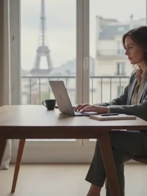 Femme travaillant à distance dans un bureau moderne, avec une vue floue sur Paris, symbolisant le télétravail en France en 2026.