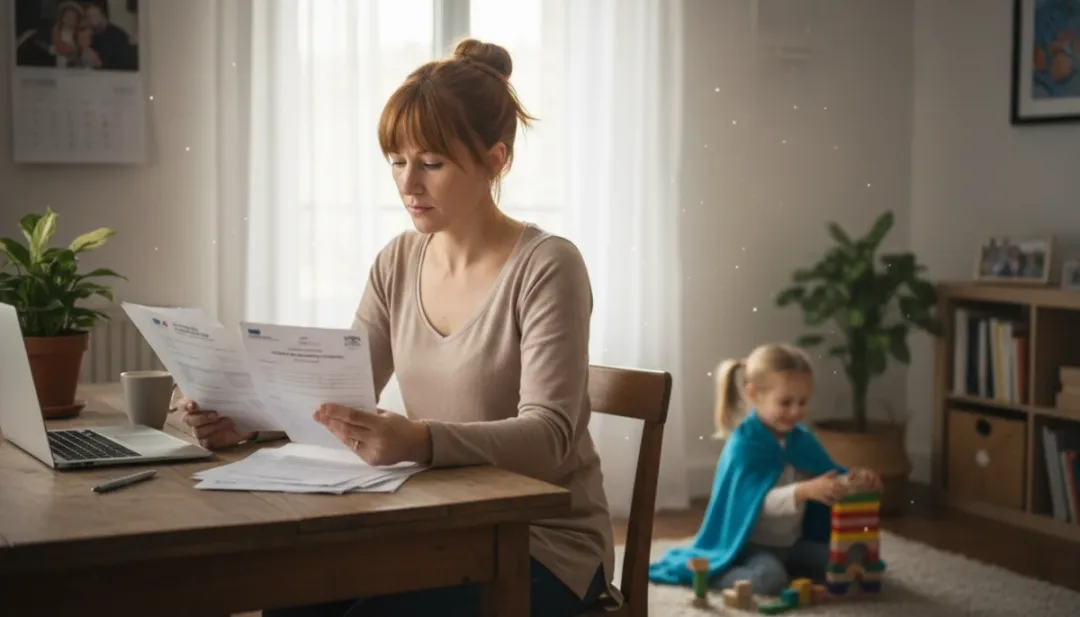 Mère célibataire étudiant les documents des Allocations de Soutien Familial (ASF) en France, symbolisant le soutien aux familles monoparentales.