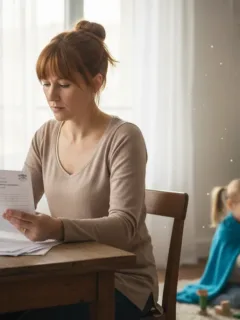 Mère célibataire étudiant les documents des Allocations de Soutien Familial (ASF) en France, symbolisant le soutien aux familles monoparentales.