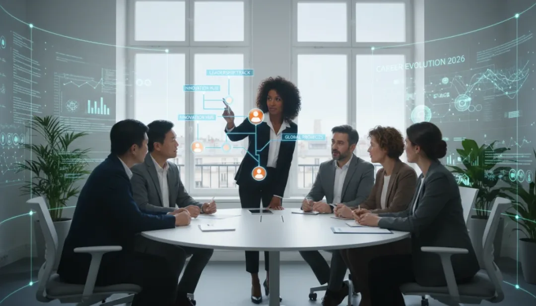 Cadres intermédiaires français en réunion, discutant des stratégies de développement de carrière pour 2026, avec des outils numériques futuristes.