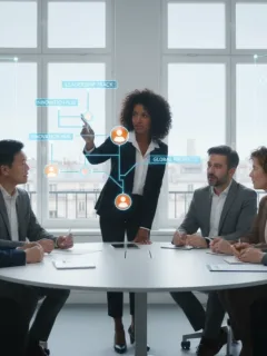 Cadres intermédiaires français en réunion, discutant des stratégies de développement de carrière pour 2026, avec des outils numériques futuristes.