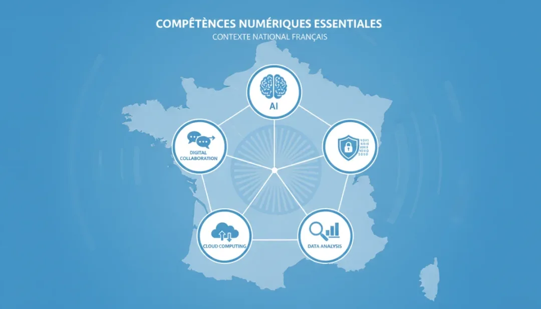 Infographie illustrant les cinq compétences numériques clés pour le marché français en 2026.