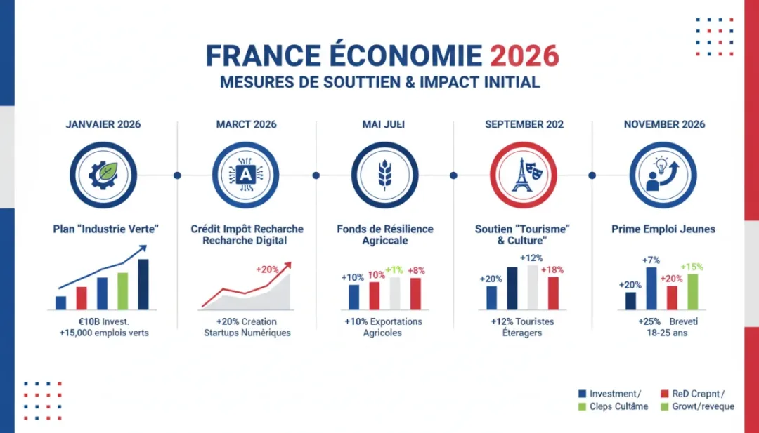 Infographie présentant les mesures clés de soutien économique en France en 2026 et leur impact sectoriel.