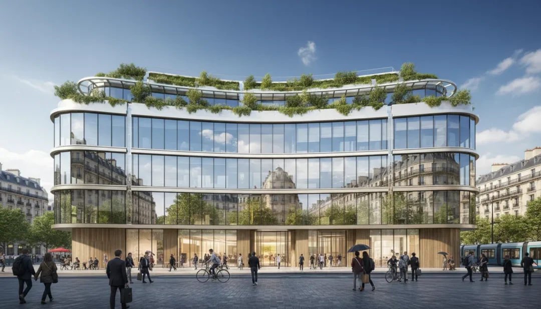 Façade d'un immeuble commercial moderne et durable dans une ville française animée, reflétant les tendances de l'immobilier en 2026.