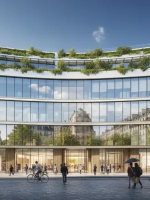 Façade d'un immeuble commercial moderne et durable dans une ville française animée, reflétant les tendances de l'immobilier en 2026.