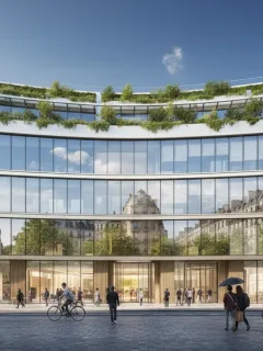 Façade d'un immeuble commercial moderne et durable dans une ville française animée, reflétant les tendances de l'immobilier en 2026.