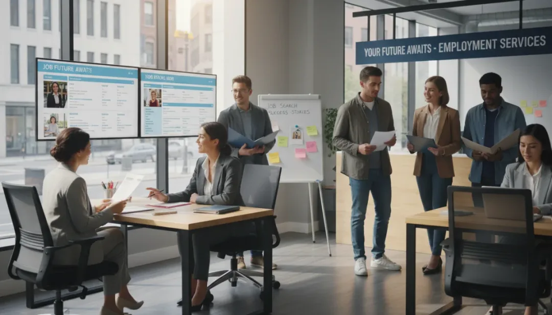 Personnes diverses consultant des offres d'emploi dans un centre de services pour l'emploi, symbolisant la recherche d'emploi et l'accompagnement.