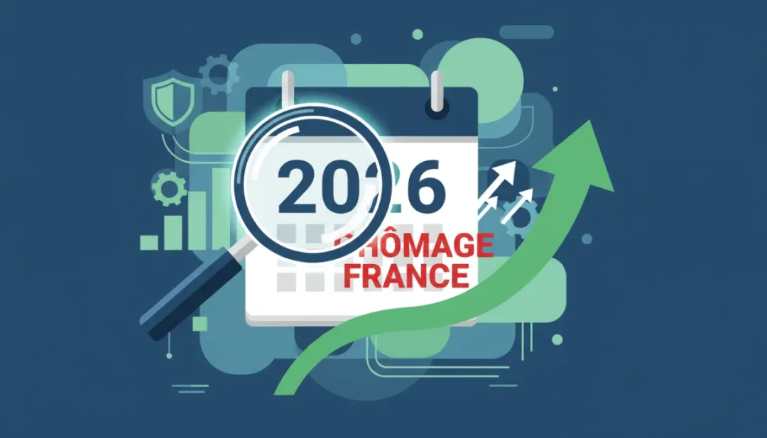 Graphique illustrant les modifications des prestations chômage en France pour 2026, avec une flèche ascendante et le chiffre 2% représentant l'augmentation.