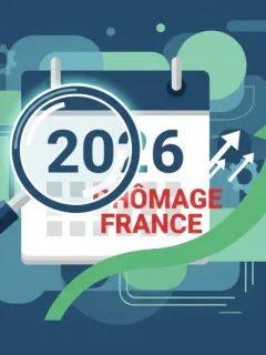 Graphique illustrant les modifications des prestations chômage en France pour 2026, avec une flèche ascendante et le chiffre 2% représentant l'augmentation.