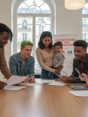 Groupe diversifié de personnes étudiant des documents sur les aides sociales en France, symbolisant l'accès au RSA en 2026.