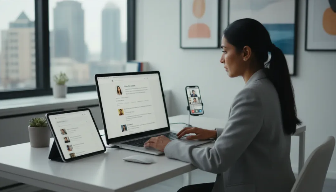 Personne utilisant des outils numériques pour le réseautage professionnel et la recherche d'emploi en ligne, illustrant l'importance des stratégies digitales.