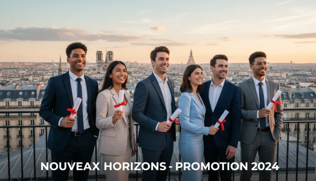 Jeunes diplômés confiants et diversifiés regardant l'avenir, avec un paysage urbain français moderne en arrière-plan, symbolisant la réussite professionnelle.