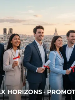 Jeunes diplômés confiants et diversifiés regardant l'avenir, avec un paysage urbain français moderne en arrière-plan, symbolisant la réussite professionnelle.