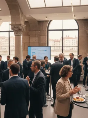 Professionnels échangeant des cartes de visite lors d'un événement de réseautage en France en 2026