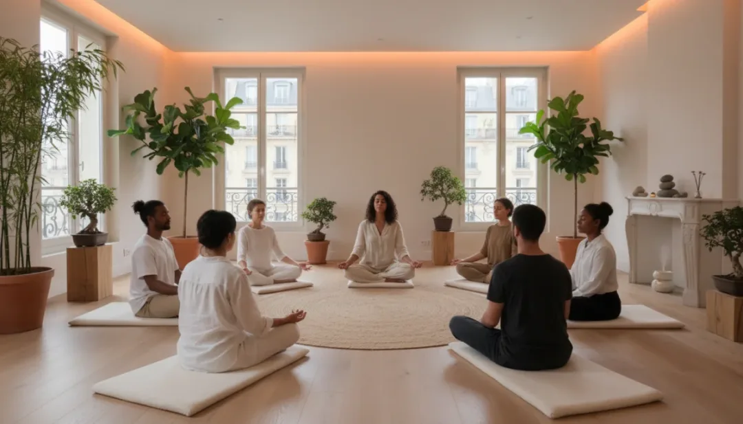 Groupe pratiquant la pleine conscience dans un espace moderne français, illustrant une technique de relaxation guidée.
