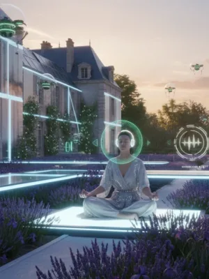 Personne méditant paisiblement dans un jardin français verdoyant en 2026, symbole de la gestion du stress.
