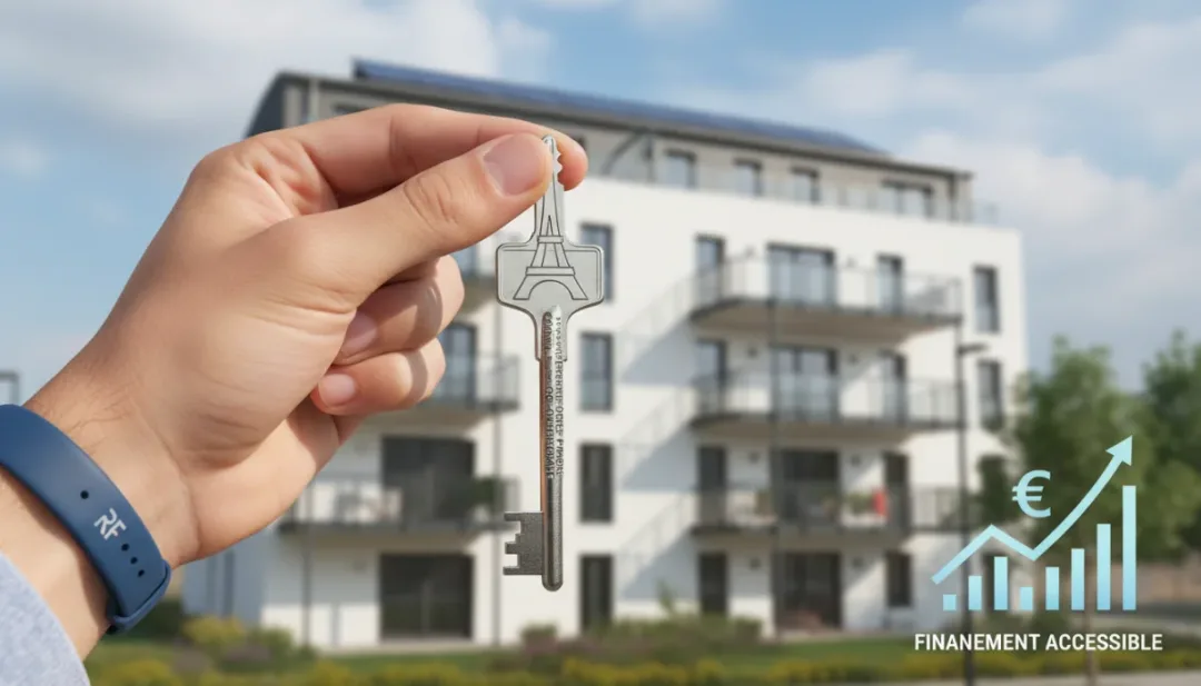Main de personne tenant une clé devant un immeuble moderne, symbolisant l'aide au logement APL 2026.