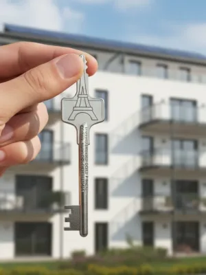 Main de personne tenant une clé devant un immeuble moderne, symbolisant l'aide au logement APL 2026.