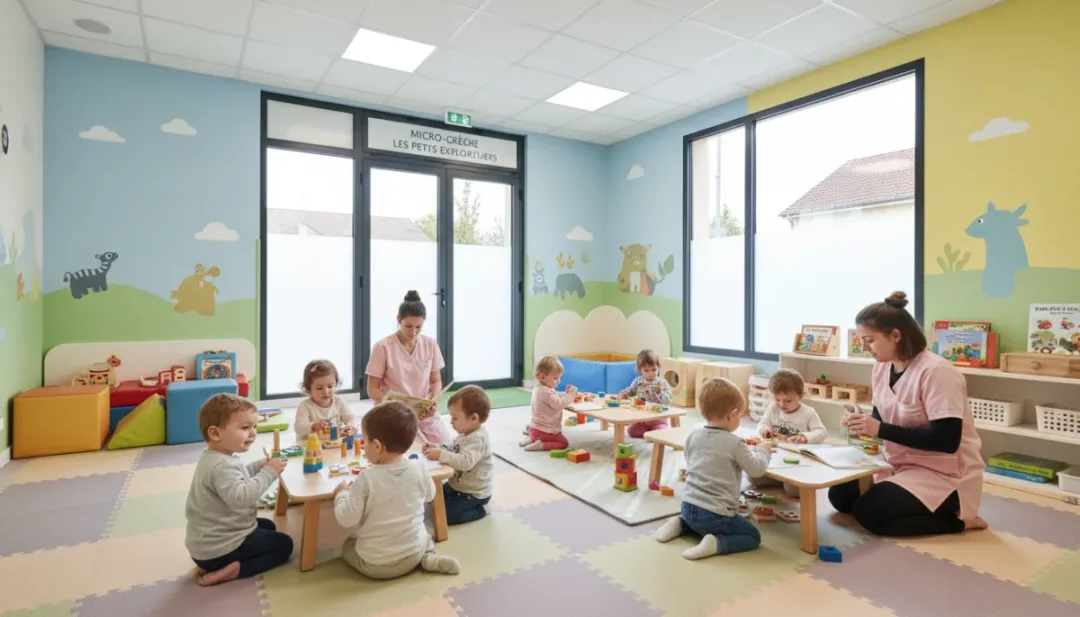 Intérieur moderne d'une micro-crèche française en 2026, avec des enfants jouant et apprenant sous la supervision d'éducateurs qualifiés.