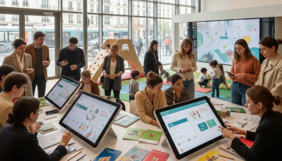 Parents français actifs explorant les options de garde d'enfants pour 2026, avec des écrans affichant des services et des enfants jouant joyeusement.