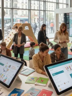 Parents français actifs explorant les options de garde d'enfants pour 2026, avec des écrans affichant des services et des enfants jouant joyeusement.