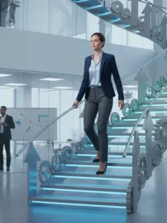 Femme professionnelle montant une échelle de carrière symbolisant la mobilité interne en entreprise.