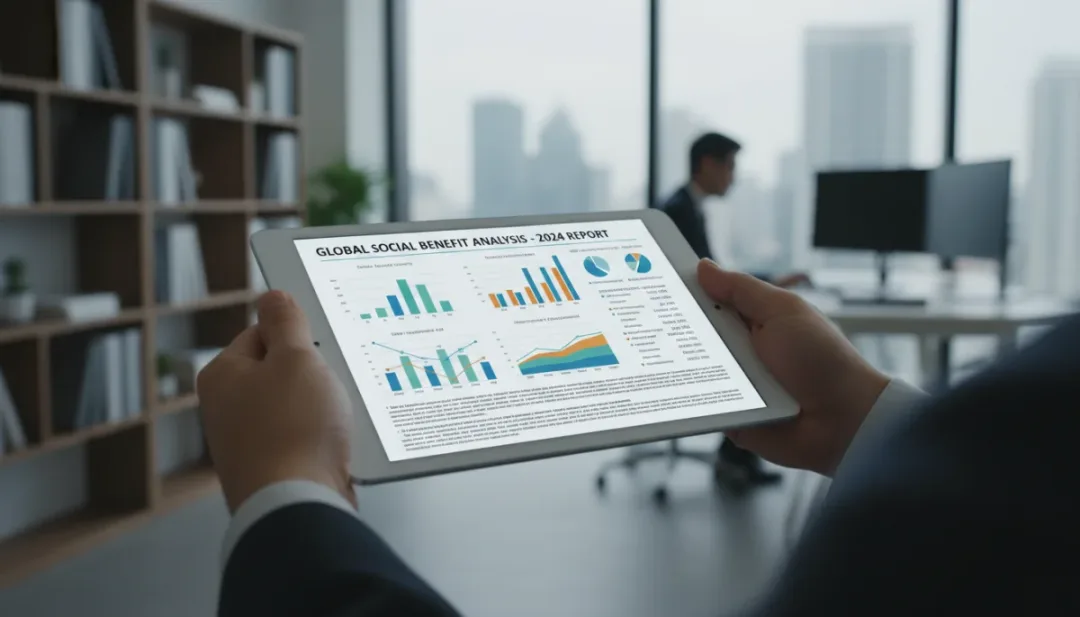 Mains tenant une tablette affichant des données sur les prestations sociales et l'invalidité, représentant l'analyse des nouvelles régulations.