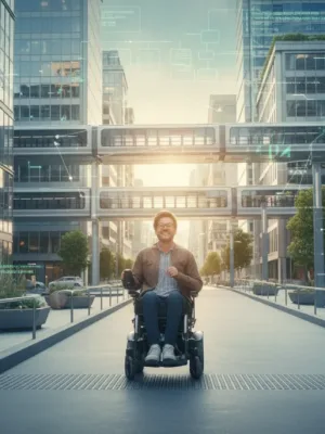 Personne en fauteuil roulant dans un environnement urbain moderne et accessible, symbolisant les avancées pour les personnes en situation de handicap en 2026.