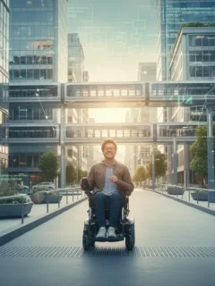Personne en fauteuil roulant dans un environnement urbain moderne et accessible, symbolisant les avancées pour les personnes en situation de handicap en 2026.