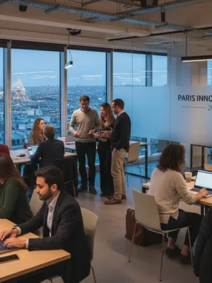 Entrepreneurs collaborant dans un espace de coworking moderne en France en 2026