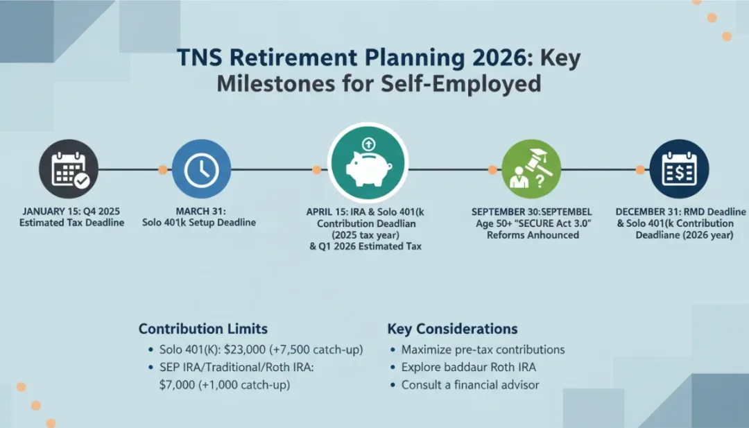 Infographie des étapes clés de la retraite TNS en 2026
