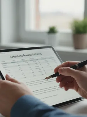 Homme consultant des documents sur les cotisations retraite TNS 2026 sur une tablette