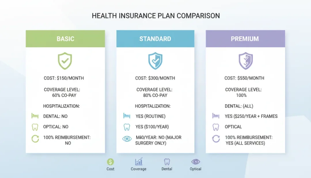 Infographie comparative des garanties et des coûts des complémentaires santé d'entreprise pour une couverture optimale à 100%.