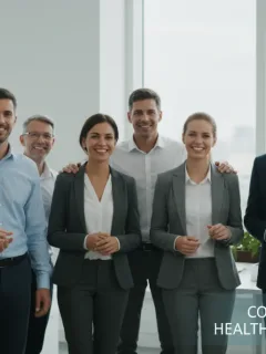 Groupe d'employés souriants et sereins, symbolisant la tranquillité d'esprit grâce à une complémentaire santé d'entreprise optimale en 2026.