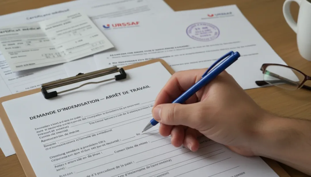 Main remplissant un formulaire de déclaration d'arrêt de travail à la CPAM en 2026.