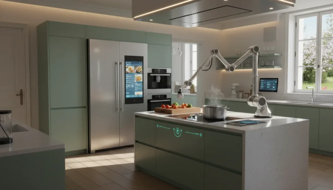 Cuisine connectée française en 2026 avec réfrigérateur intelligent, plaque de cuisson à capteurs et assistant robotique pour la préparation des repas.
