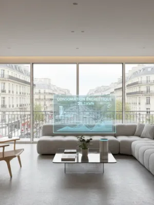 Salon français futuriste avec objets connectés intégrés, affichant la consommation d'énergie et un assistant vocal intelligent en 2026.