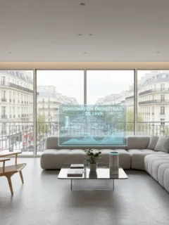 Salon français futuriste avec objets connectés intégrés, affichant la consommation d'énergie et un assistant vocal intelligent en 2026.