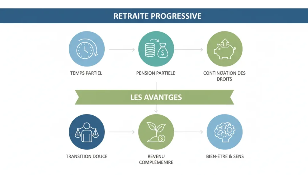 Infographie expliquant les étapes et avantages clés de la retraite progressive en France.