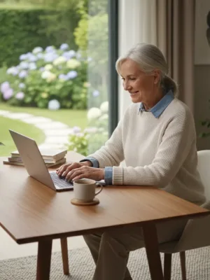 Une personne souriante travaillant sur un ordinateur portable dans un bureau à domicile lumineux, symbolisant la retraite progressive et la flexibilité du travail.