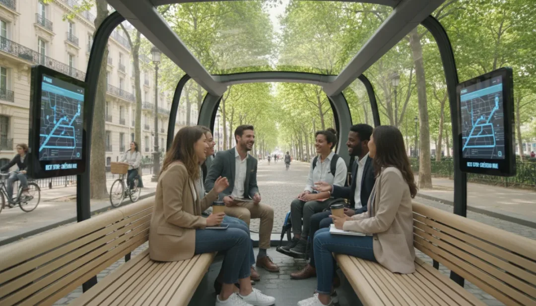 Groupe de personnes souriantes dans une navette autonome transparente, naviguant dans une rue urbaine verdoyante en France, illustrant le transport partagé.