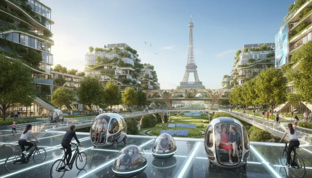 Paysage urbain français futuriste en 2026 avec vélos électriques, navettes autonomes et trottinettes avancées sur des pistes dédiées, symbolisant la mobilité douce.