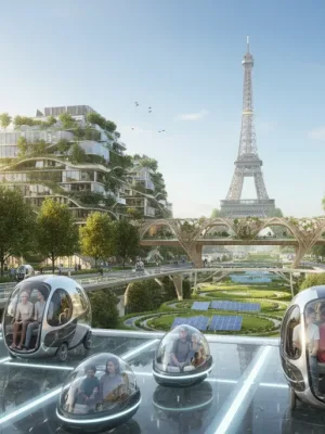 Paysage urbain français futuriste en 2026 avec vélos électriques, navettes autonomes et trottinettes avancées sur des pistes dédiées, symbolisant la mobilité douce.