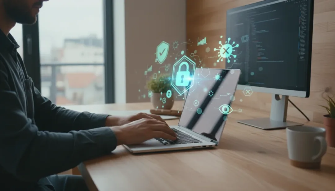 Mains tapant sur un clavier d'ordinateur avec des icônes de cybersécurité flottantes.