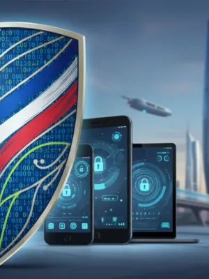 Bouclier numérique protégeant des appareils connectés dans un environnement urbain français en 2026.