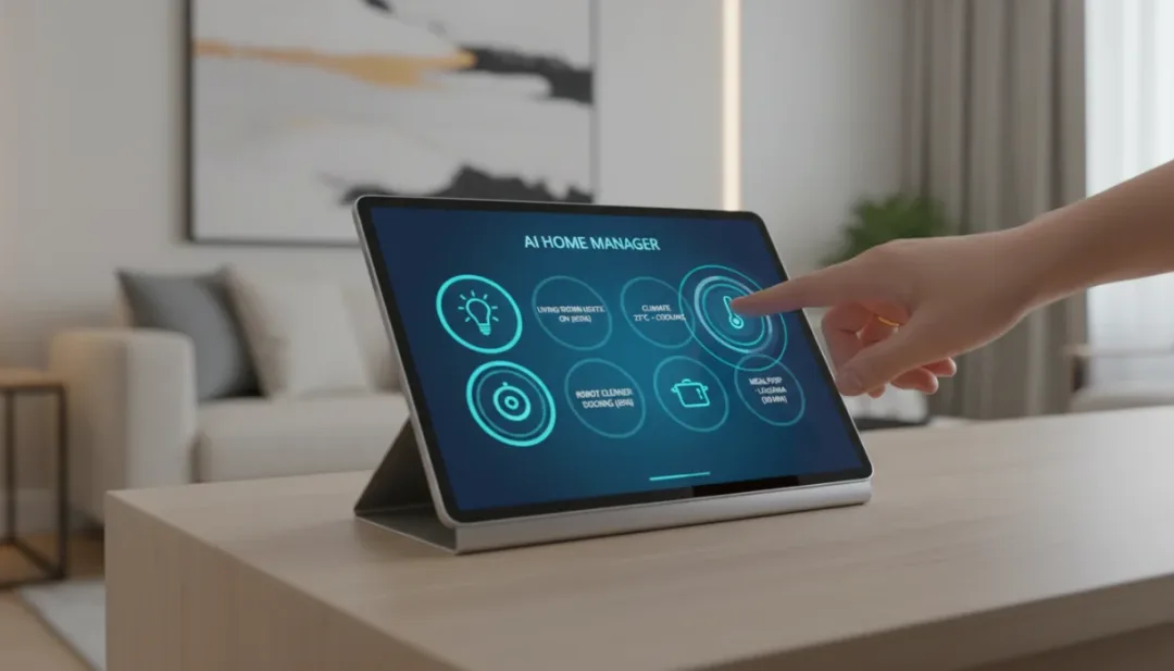 Un tableau de bord de maison intelligente géré par IA, affichant le statut de divers appareils connectés pour une gestion simplifiée du foyer.