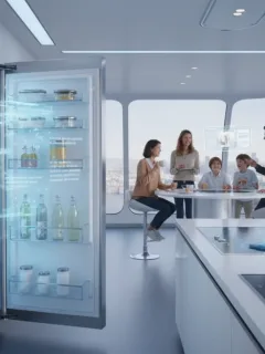 Cuisine française futuriste en 2026 avec des appareils IA intégrés, illustrant l'efficacité et le confort des tâches ménagères automatisées.