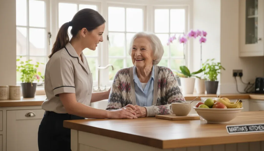 Aide à domicile accompagnant une personne âgée dans sa cuisine, illustrant le soutien aux seniors.
