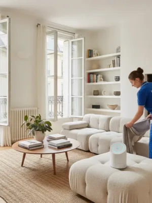 Professionnel nettoyant un intérieur moderne en France, symbolisant les services à domicile en 2026.