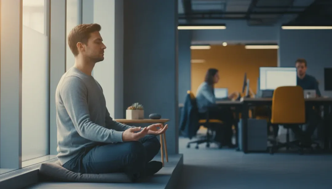 Personne méditant dans un bureau moderne, illustrant une pause bien-être pour la gestion du stress au travail.